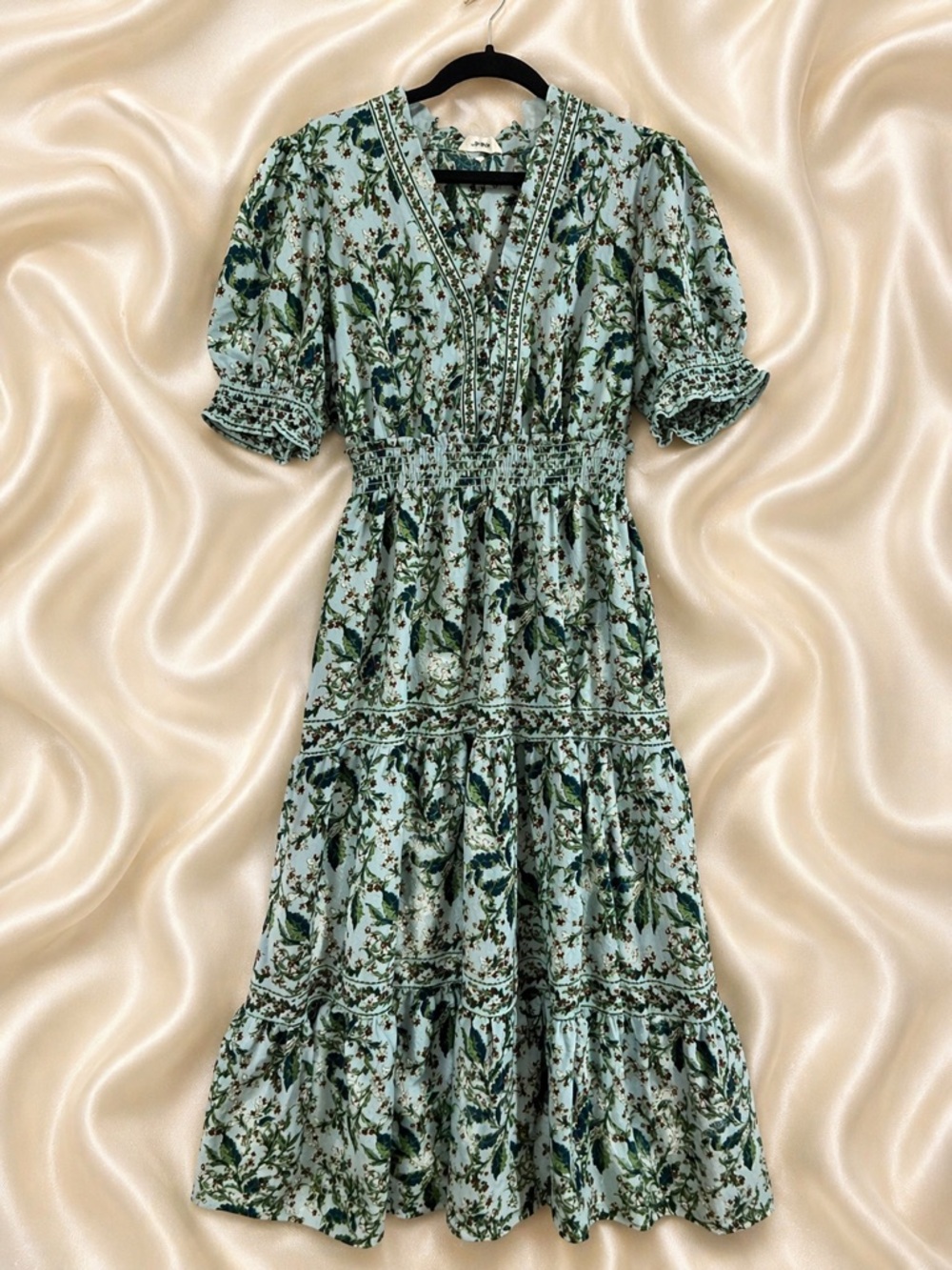Max Studio Floral Tiered Maxi Dress | Green Blue Boho Smocked Waist Dress